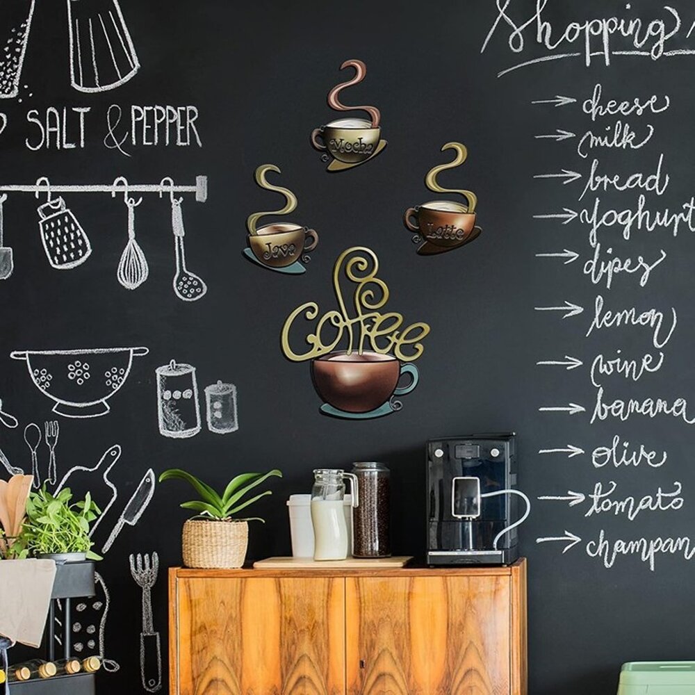NEW 4 Pieces Metal Coffee Cup Wall Decor Coffee Bar Decor Coffee Decor Cafe - Picture 7 of 9